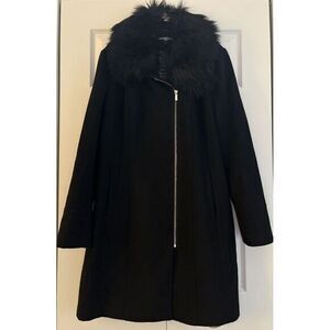 Karl Lagerfeld Paris Women's Black Large Coat Wool Blend Asymmetric Zip Faux Fur